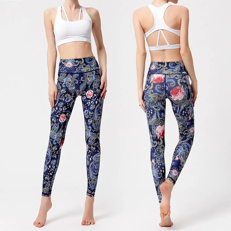 Olivenorma Yogahose mit hohem Bund und Vintage-Blumenmuster