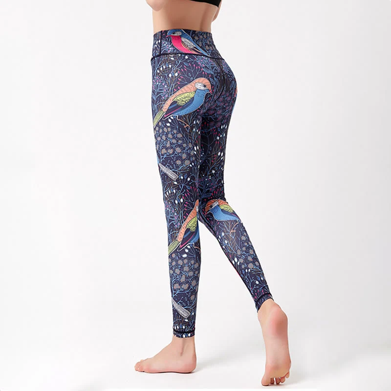 Olivenorma Yogahose mit hohem Bund und elegantem Vogelmuster