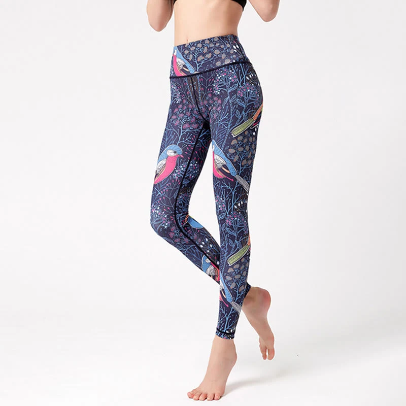 Olivenorma Yogahose mit hohem Bund und elegantem Vogelmuster