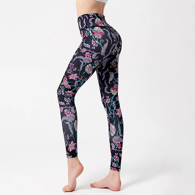 Olivenorma Yogahose mit hohem Bund und lebhaftem Blumenmuster