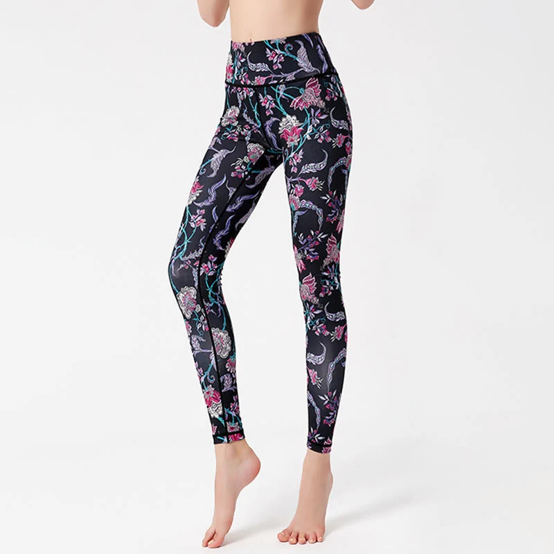 Olivenorma Yogahose mit hohem Bund und lebhaftem Blumenmuster