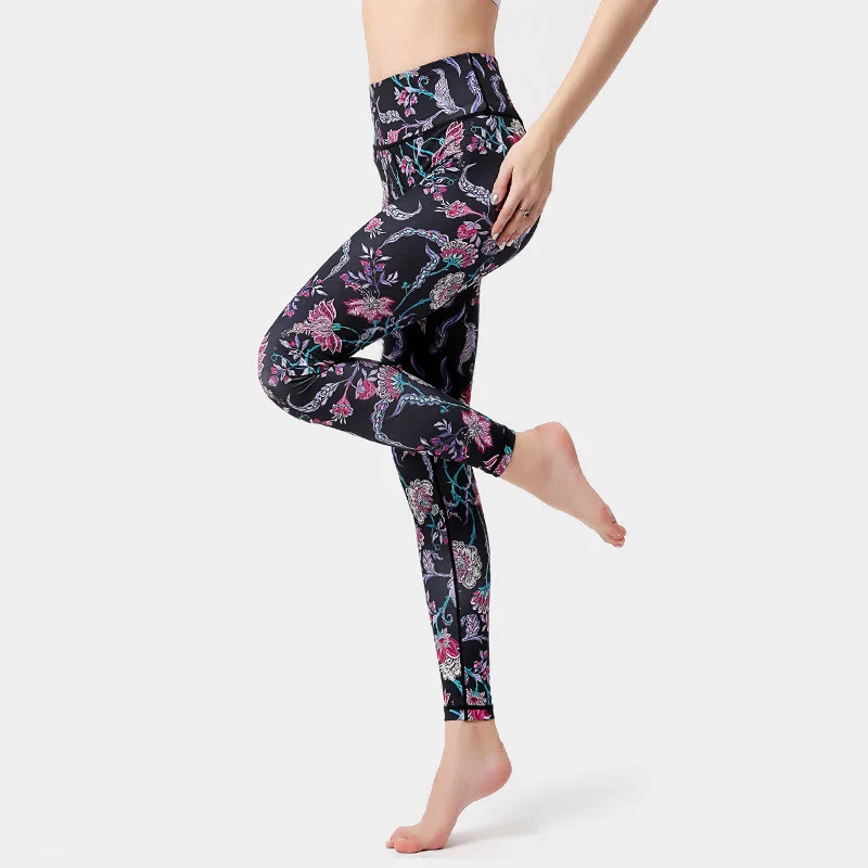 Olivenorma Yogahose mit hohem Bund und lebhaftem Blumenmuster