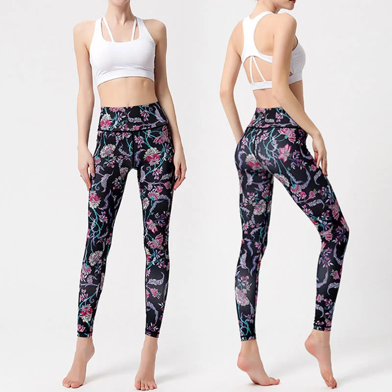 Olivenorma Yogahose mit hohem Bund und lebhaftem Blumenmuster