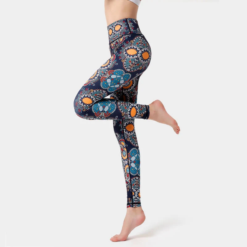 Olivenorma Yogahose mit hohem Bund und Blumenmuster
