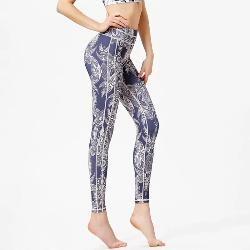 Olivenorma Yogahose mit hohem Bund und Blumen-/Blätterprint