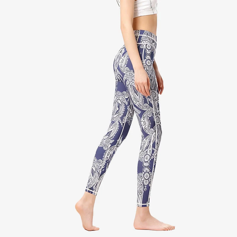 Olivenorma Yogahose mit hohem Bund und Blumen-/Blätterprint