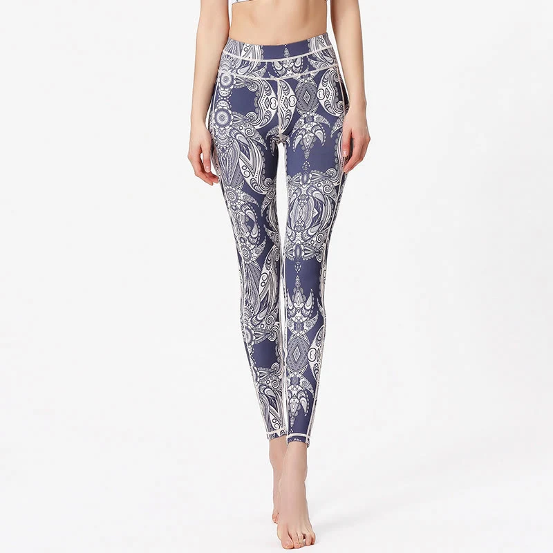 Olivenorma Yogahose mit hohem Bund und Blumen-/Blätterprint