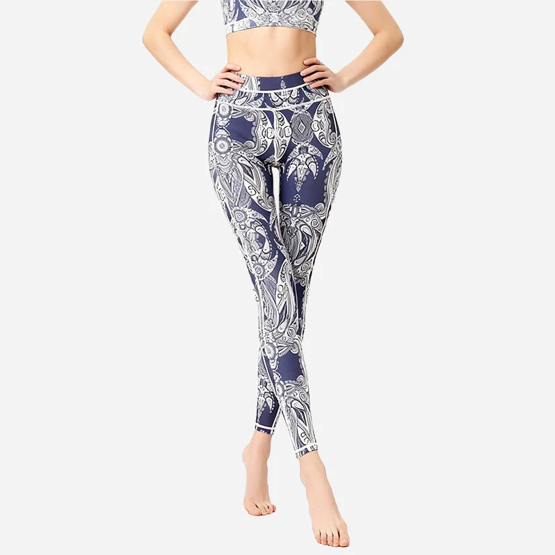 Olivenorma Yogahose mit hohem Bund und Blumen-/Blätterprint