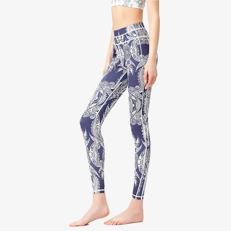 Olivenorma Yogahose mit hohem Bund und Blumen-/Blätterprint