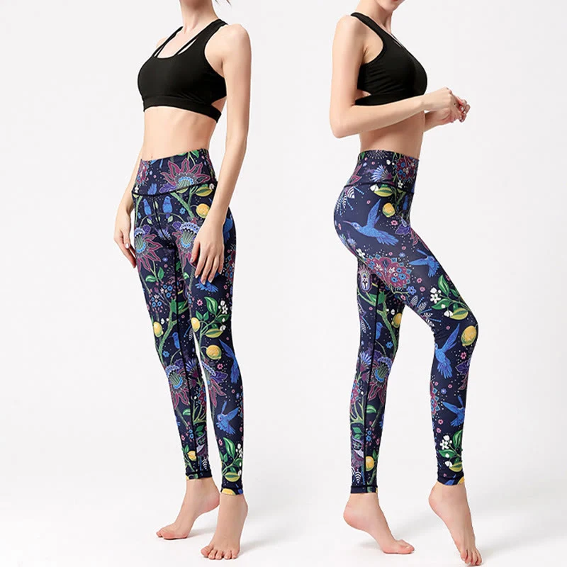 Olivenorma Yogahose mit hohem Bund und Gartenmotiv