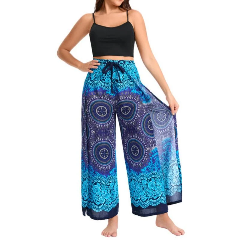 Olivenorma Damen-Hose im Boho-Stil mit Schmetterlingsmuster und weitem Bein