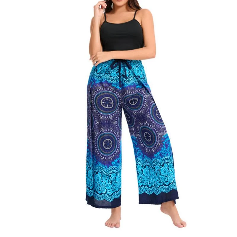 Olivenorma Damen-Hose im Boho-Stil mit Schmetterlingsmuster und weitem Bein