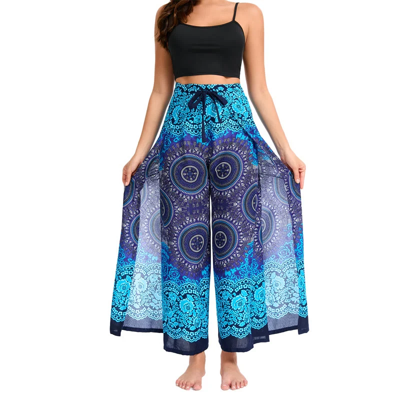 Olivenorma Damen-Hose im Boho-Stil mit Schmetterlingsmuster und weitem Bein