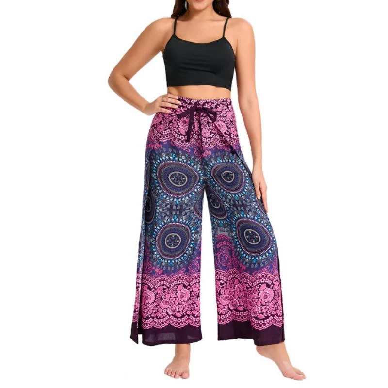 Olivenorma Damen-Hose im Boho-Stil mit Schmetterlingsmuster und weitem Bein