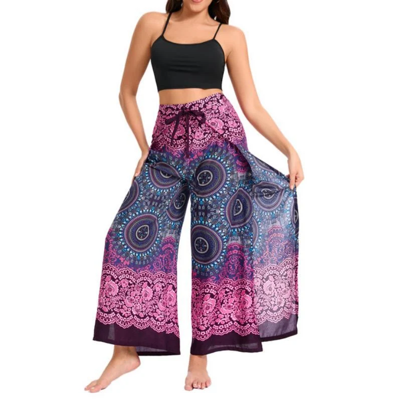 Olivenorma Damen-Hose im Boho-Stil mit Schmetterlingsmuster und weitem Bein