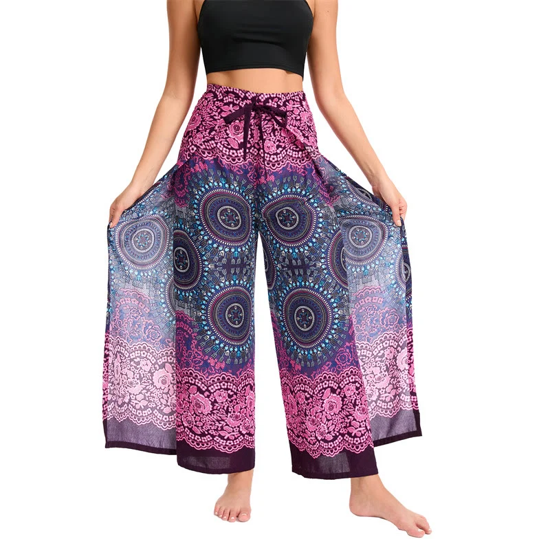 Olivenorma Damen-Hose im Boho-Stil mit Schmetterlingsmuster und weitem Bein