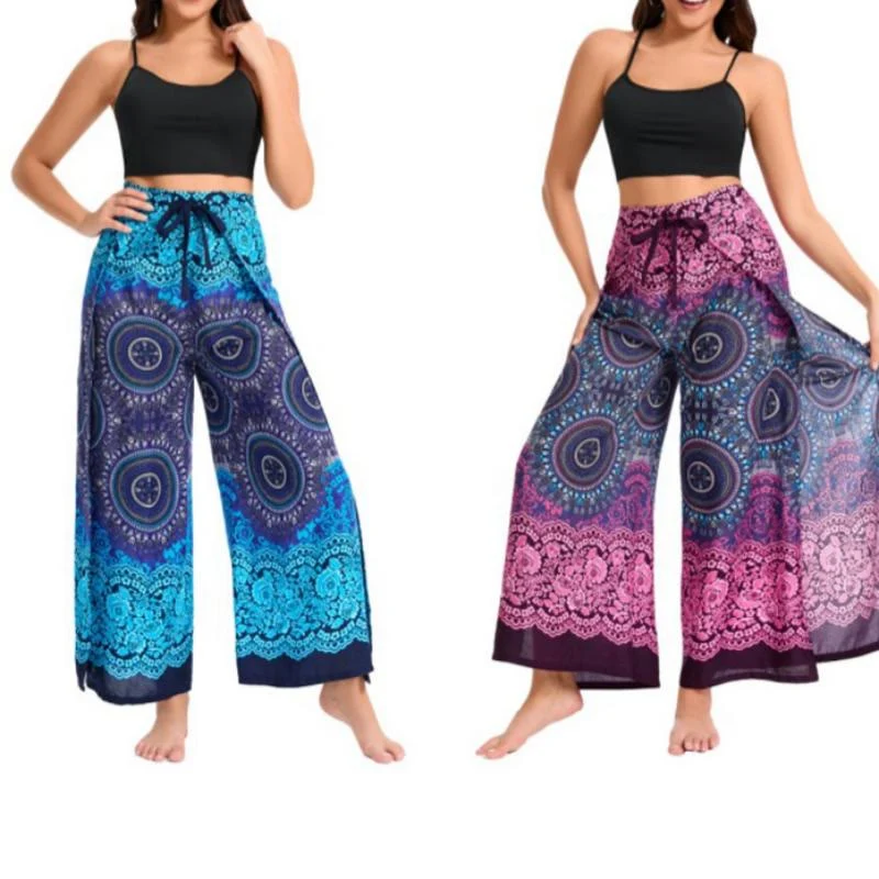 Olivenorma Damen-Hose im Boho-Stil mit Schmetterlingsmuster und weitem Bein