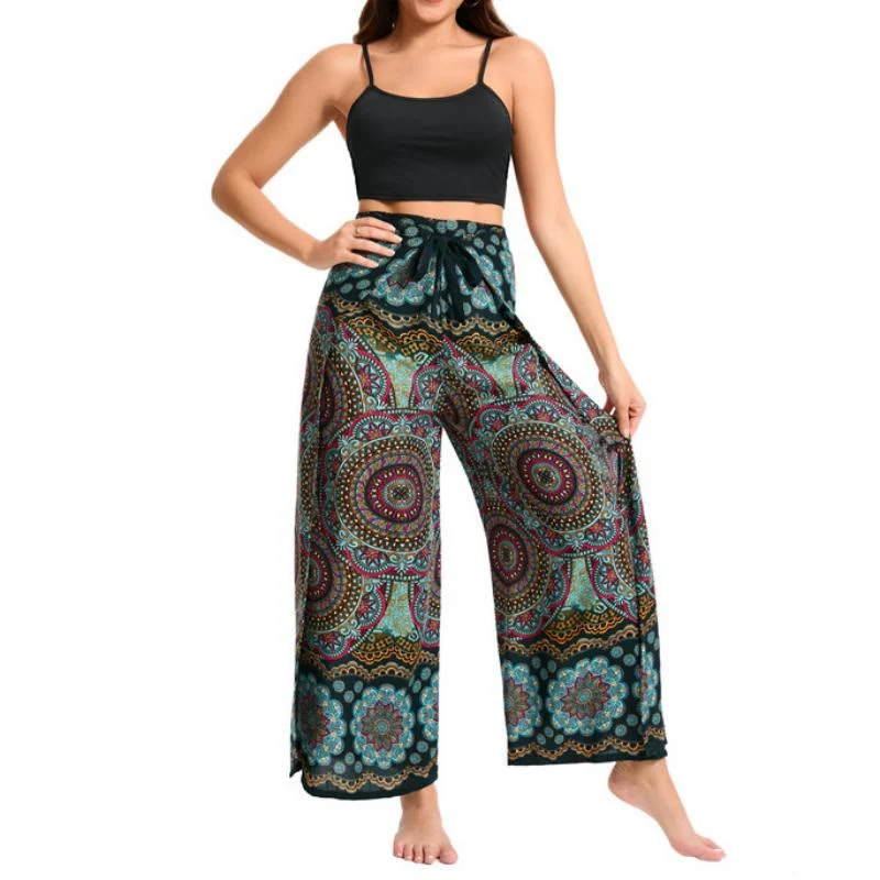 Olivenorma Damen-Hose im Boho-Stil mit Schmetterlingsmuster und weitem Bein