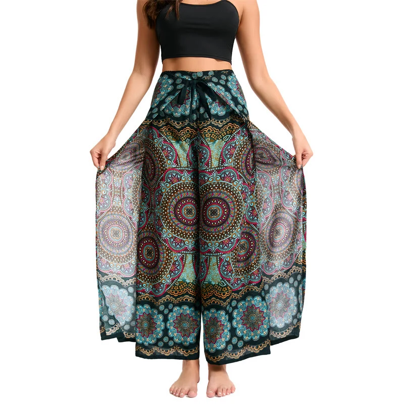 Olivenorma Damen-Hose im Boho-Stil mit Schmetterlingsmuster und weitem Bein