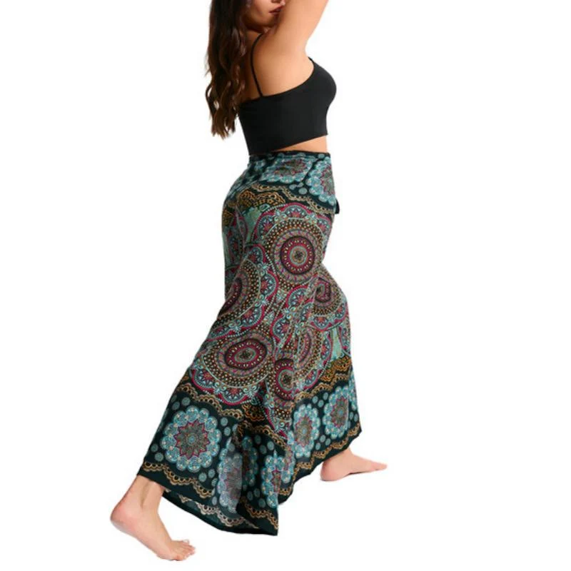 Olivenorma Damen-Hose im Boho-Stil mit Schmetterlingsmuster und weitem Bein