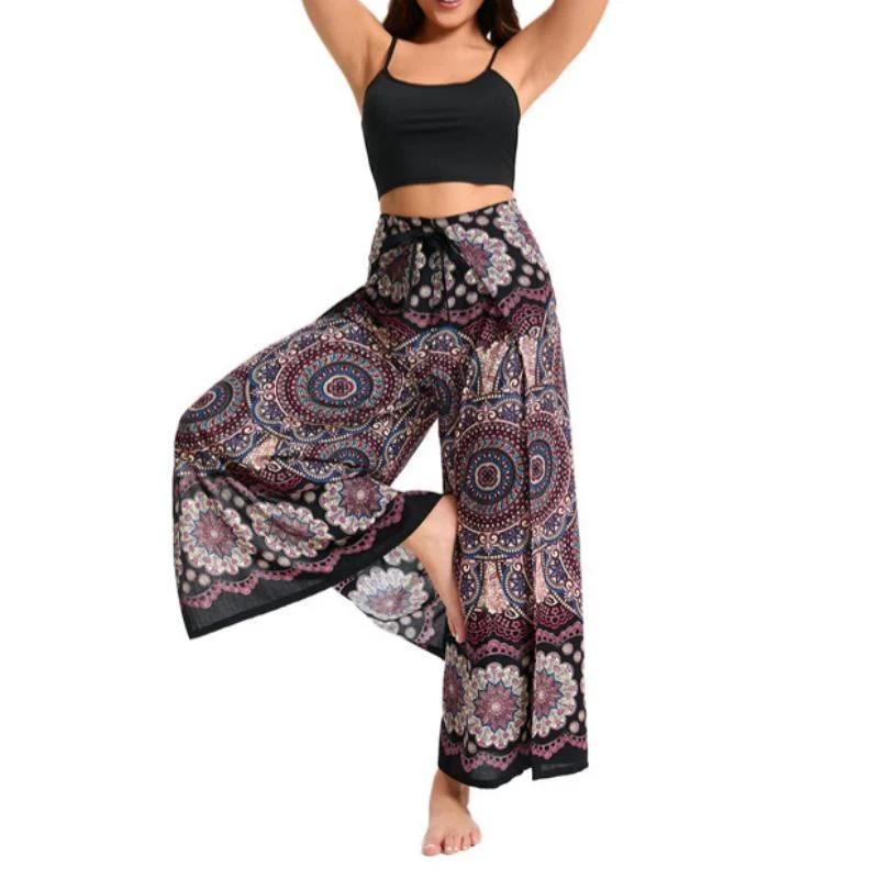 Olivenorma Damen-Hose im Boho-Stil mit Schmetterlingsmuster und weitem Bein