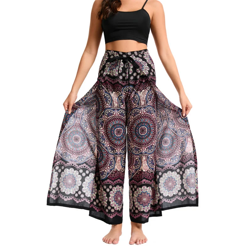 Olivenorma Damen-Hose im Boho-Stil mit Schmetterlingsmuster und weitem Bein