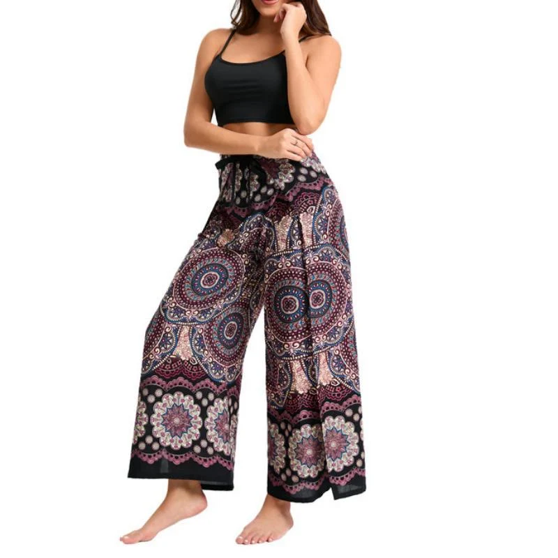 Olivenorma Damen-Hose im Boho-Stil mit Schmetterlingsmuster und weitem Bein