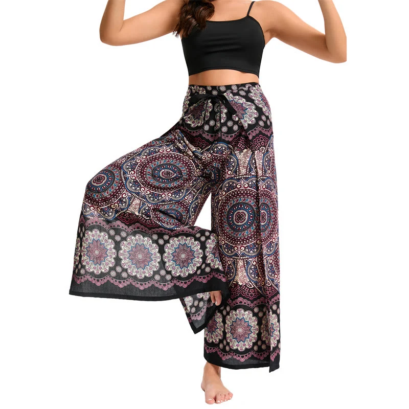 Olivenorma Damen-Hose im Boho-Stil mit Schmetterlingsmuster und weitem Bein