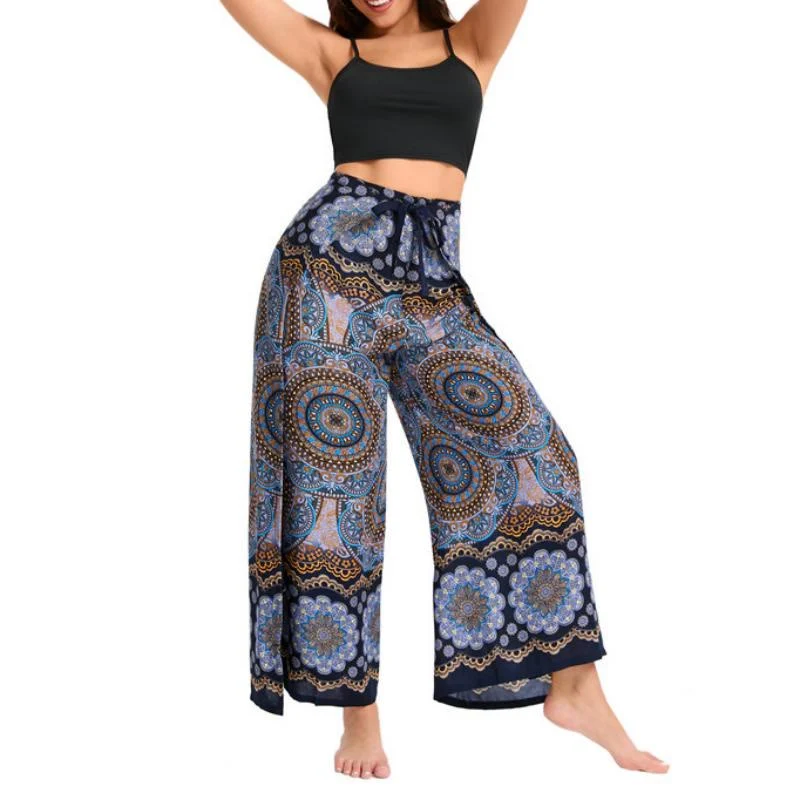 Olivenorma Damen-Hose im Boho-Stil mit Schmetterlingsmuster und weitem Bein