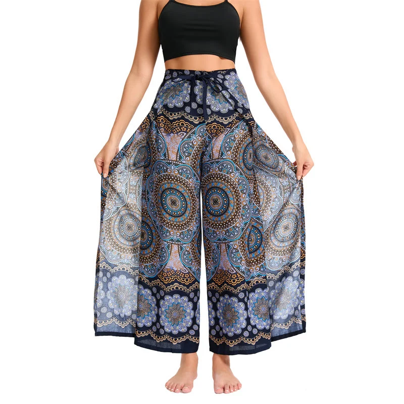 Olivenorma Damen-Hose im Boho-Stil mit Schmetterlingsmuster und weitem Bein