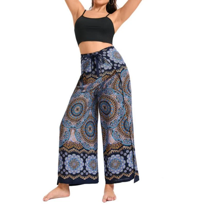 Olivenorma Damen-Hose im Boho-Stil mit Schmetterlingsmuster und weitem Bein