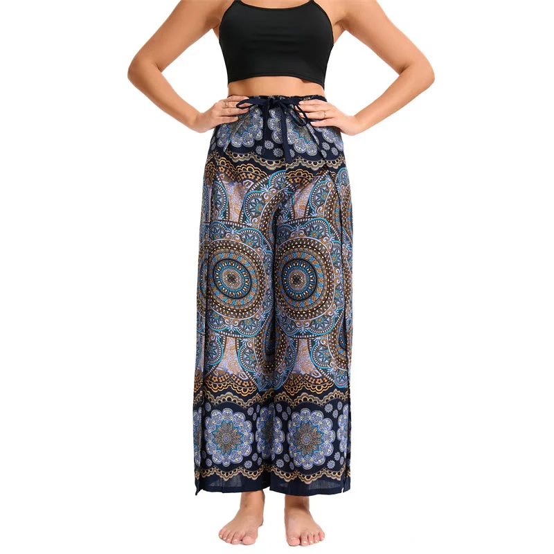 Olivenorma Damen-Hose im Boho-Stil mit Schmetterlingsmuster und weitem Bein
