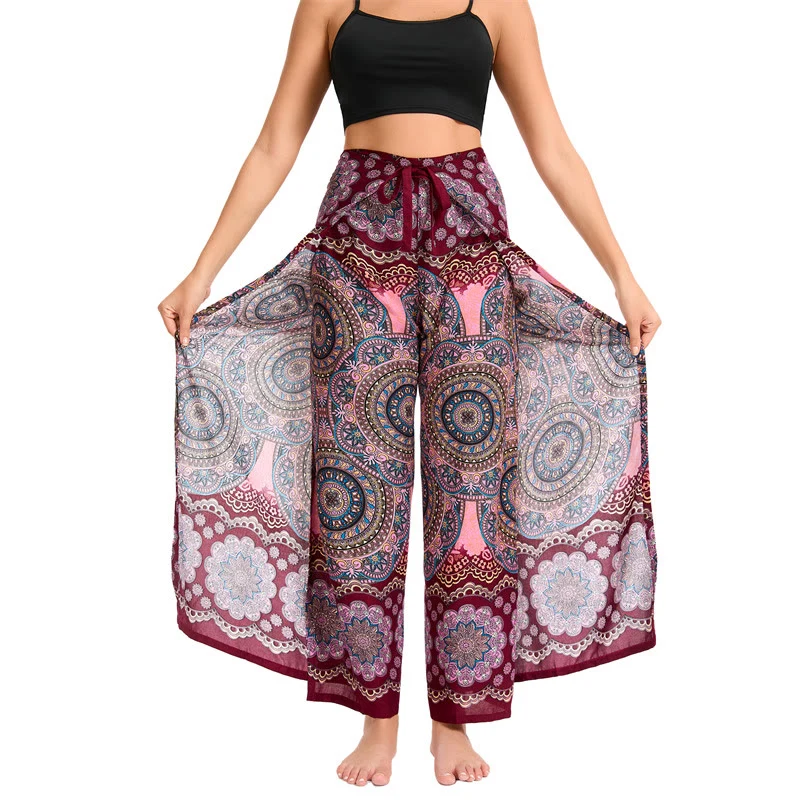 Olivenorma Damen-Hose im Boho-Stil mit Schmetterlingsmuster und weitem Bein