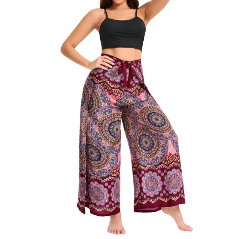 Olivenorma Damen-Hose im Boho-Stil mit Schmetterlingsmuster und weitem Bein