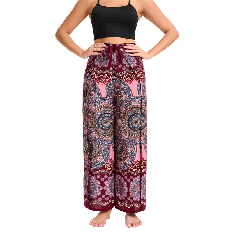 Olivenorma Damen-Hose im Boho-Stil mit Schmetterlingsmuster und weitem Bein