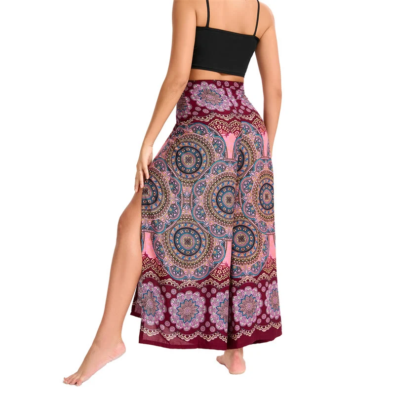 Olivenorma Damen-Hose im Boho-Stil mit Schmetterlingsmuster und weitem Bein
