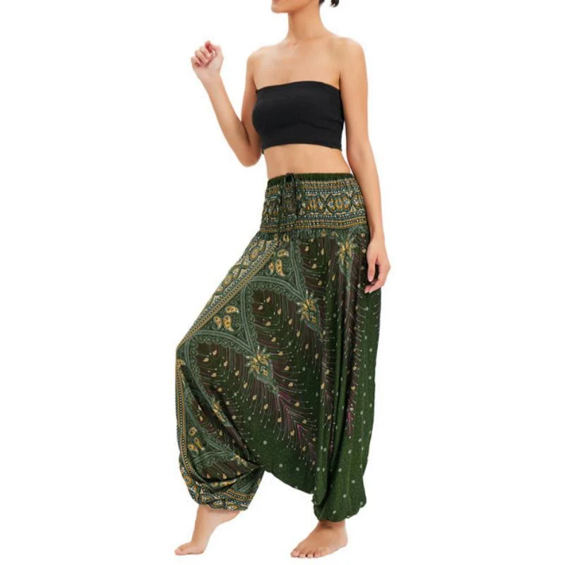 Olivenorma Damen-Yogahose im Boho-Stil mit weitem Bein