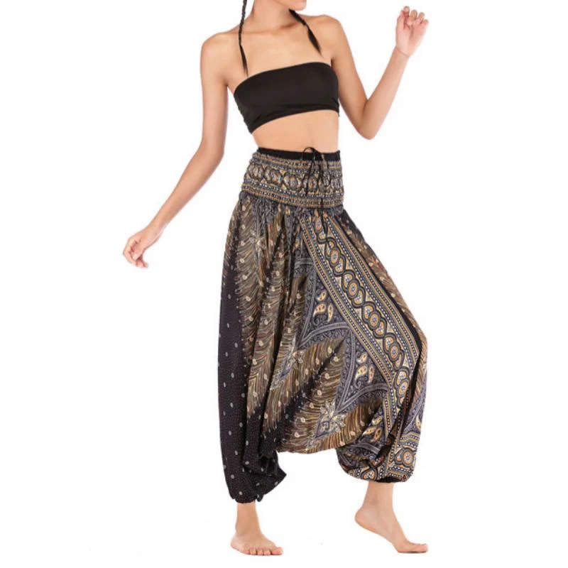 Olivenorma Damen-Yogahose im Bohemian-Stil mit tiefem Schritt