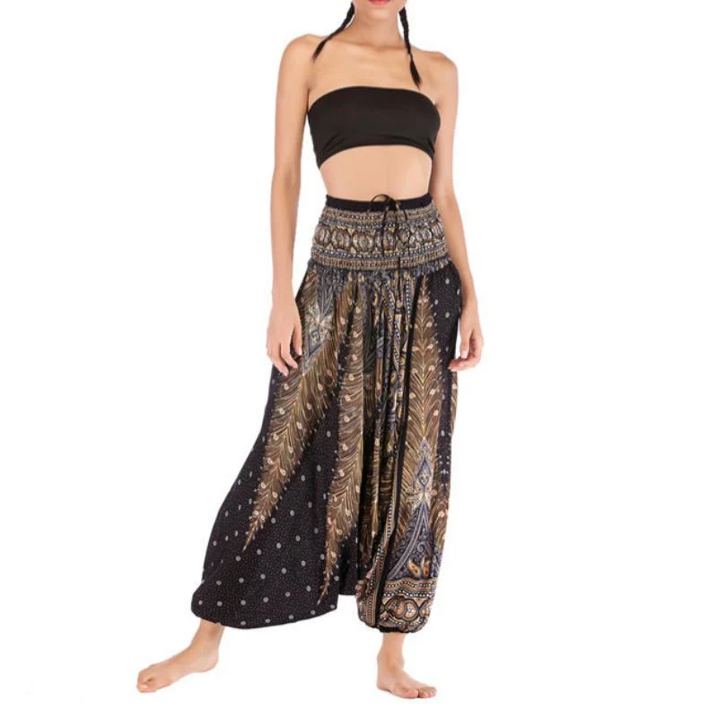 Olivenorma Damen-Yogahose im Bohemian-Stil mit tiefem Schritt