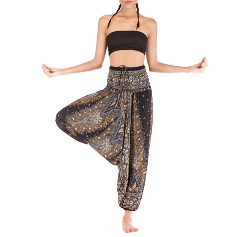 Olivenorma Damen-Yogahose im Bohemian-Stil mit tiefem Schritt