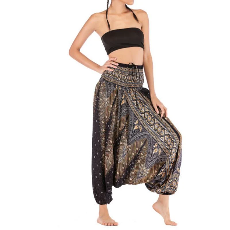 Olivenorma Damen-Yogahose im Bohemian-Stil mit tiefem Schritt