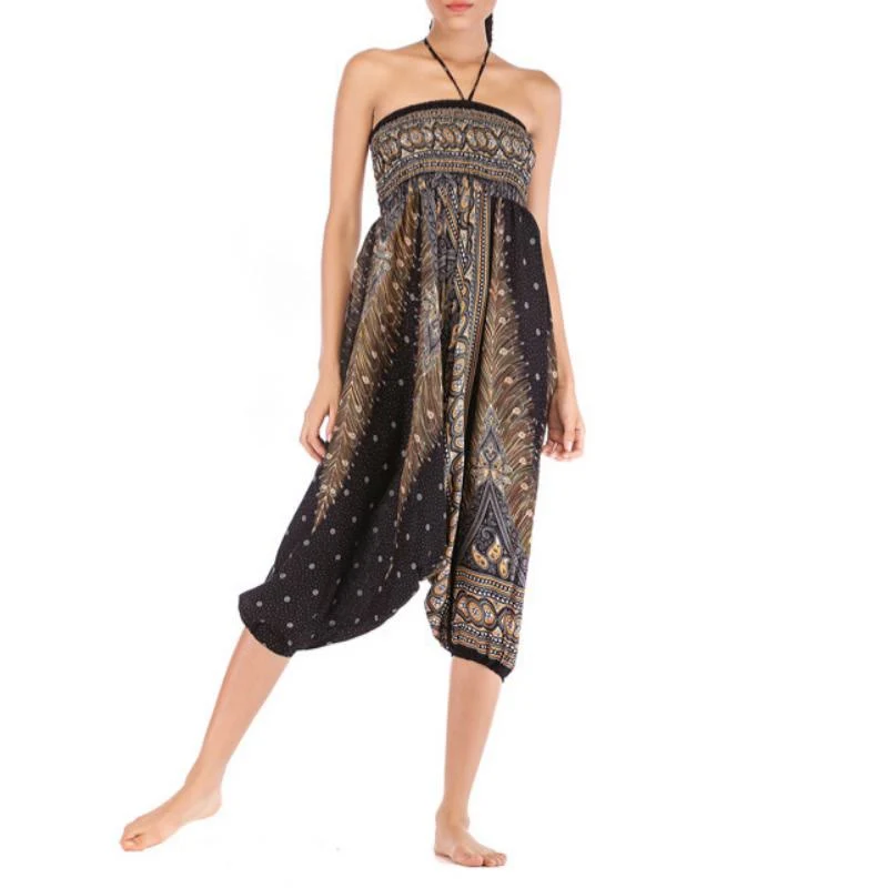 Olivenorma Damen-Yogahose im Bohemian-Stil mit tiefem Schritt