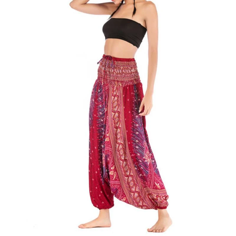 Olivenorma Damen-Yogahose im Bohemian-Stil mit tiefem Schritt