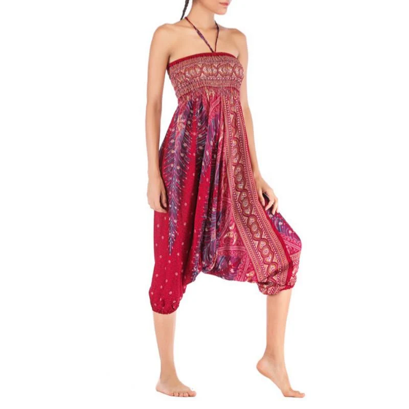 Olivenorma Damen-Yogahose im Bohemian-Stil mit tiefem Schritt