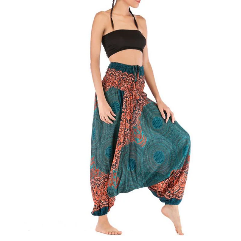Olivenorma Damen-Yogahose im Bohemian-Stil mit lockerem Schritt und tiefem Schritt