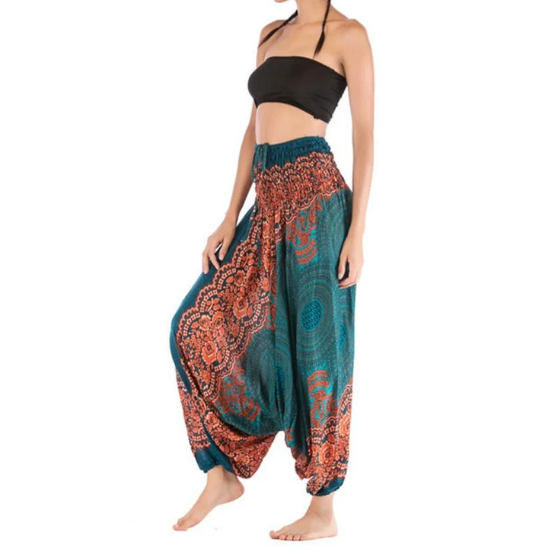 Olivenorma Damen-Yogahose im Bohemian-Stil mit lockerem Schritt und tiefem Schritt