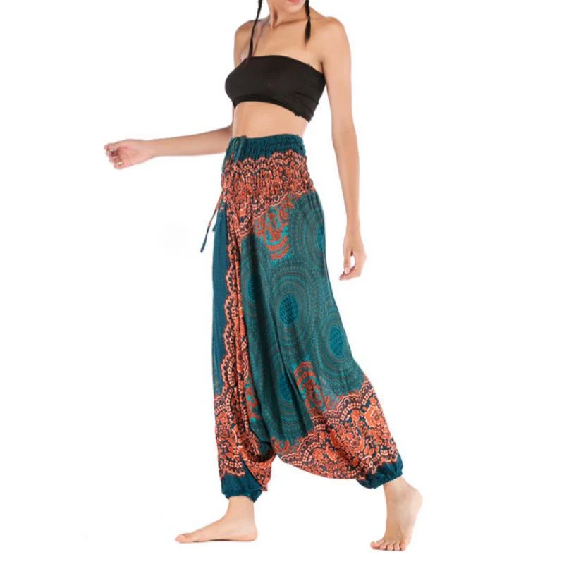 Olivenorma Damen-Yogahose im Bohemian-Stil mit lockerem Schritt und tiefem Schritt