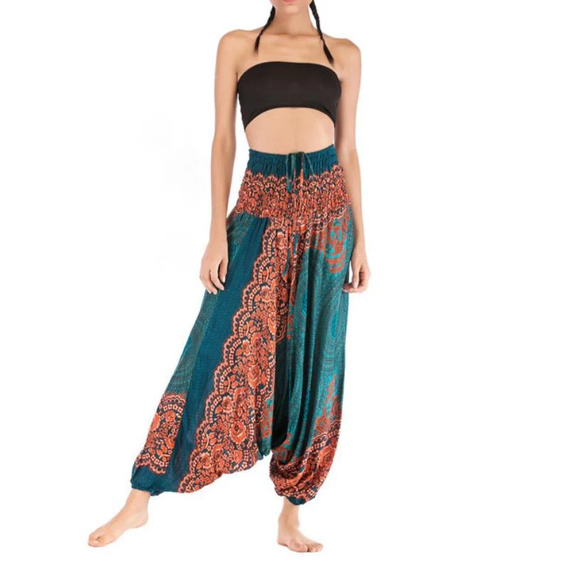 Olivenorma Damen-Yogahose im Bohemian-Stil mit lockerem Schritt und tiefem Schritt
