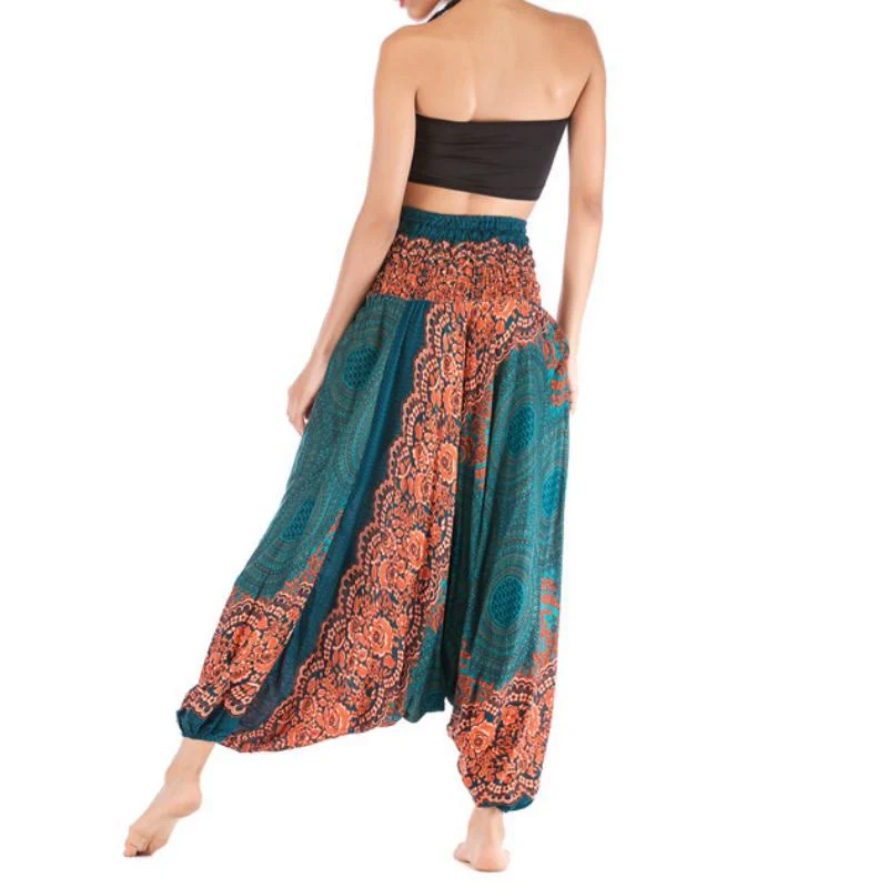 Olivenorma Damen-Yogahose im Bohemian-Stil mit lockerem Schritt und tiefem Schritt