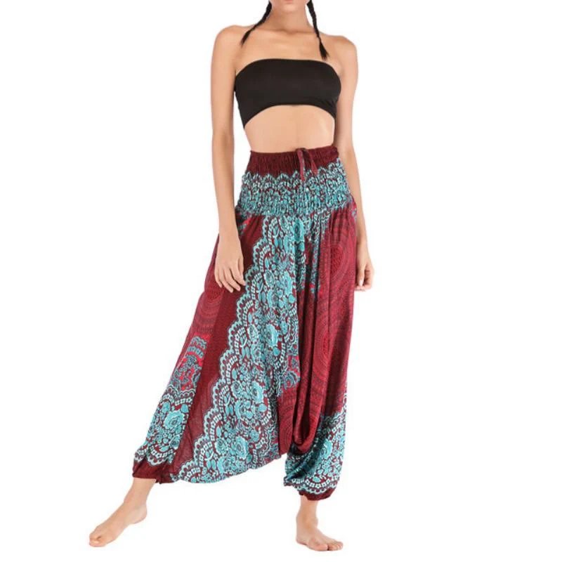 Olivenorma Damen-Yogahose im Bohemian-Stil mit lockerem Schritt und tiefem Schritt